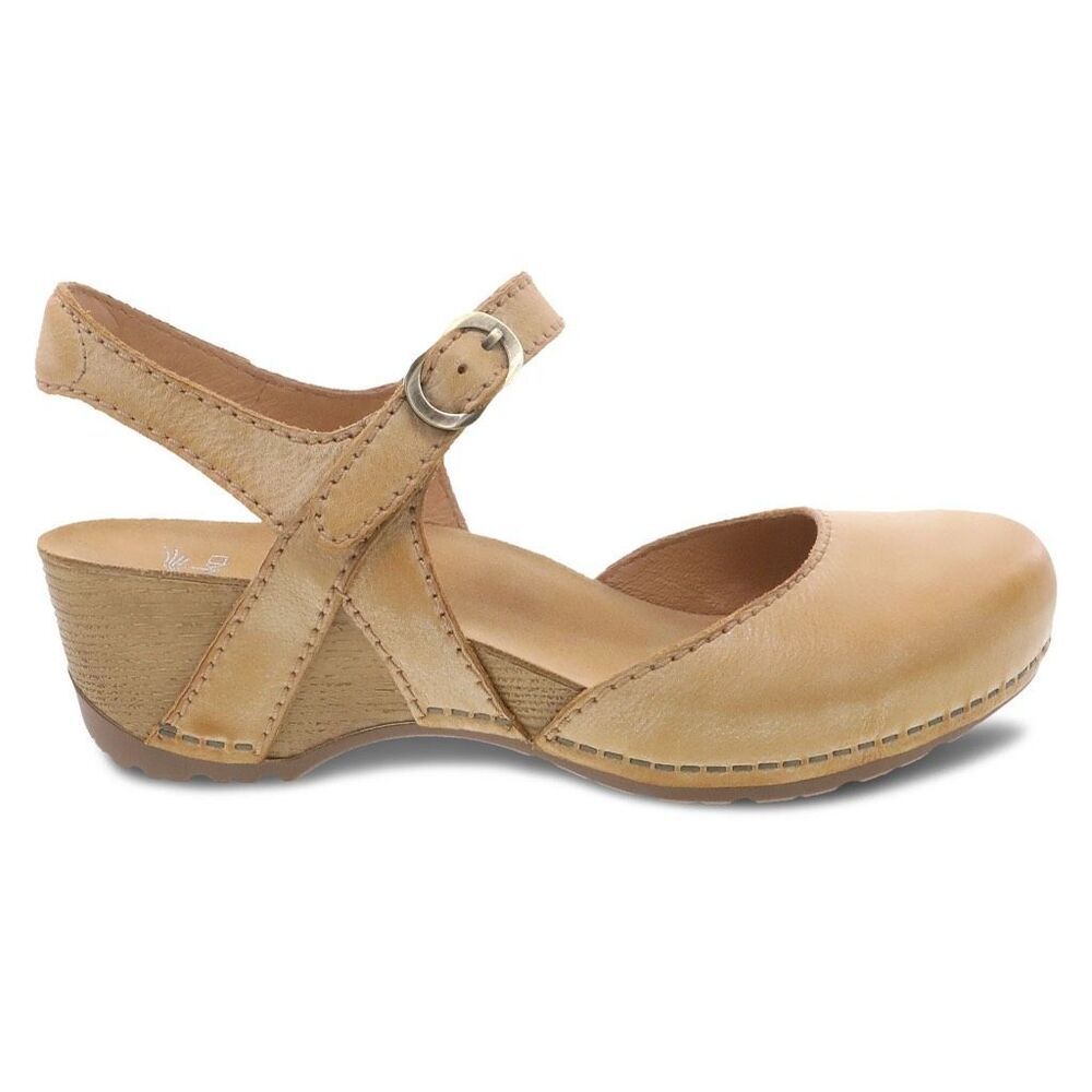 NEW Dansko Tiffani Wedge Sandal in Milled Burnished Tan Leather NIB Mary Jane